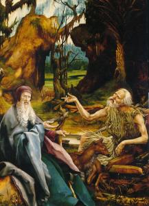 Изенгеймский алтарь, посещение св. Антонием Павла Отшельника, картина третьей развёртки