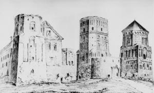 Замок Ильиничей-Радзивиллов, литография с рисунка Ф. М. Собещанского, 1849 год