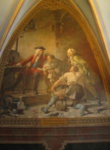 Август Сильный посещает лабораторию Бёттгера в бастионе Юнгфернбастай в 1707 году. Роспись зала в замке Альбрехтсбург