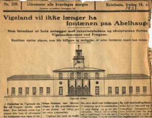 Газетная вырезка 1921 года с новостью о выборе нового места для фонтана Вигеланна