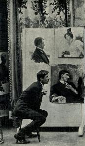 К. Чуковский в зимней мастерской у своего портрета кисти Репина (1910-е)