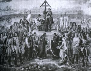 Петр I водружает крест на братской могиле русских воинов на поле Полтавской битвы [1]