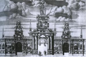 Триумфальные ворота Строганова в честь Полтавской победы, сооруженные в Москве в 1709 году (гравюра 1710 года) [1]