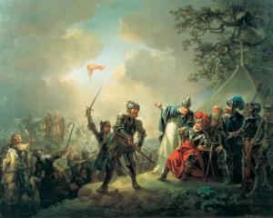 Даннеброг спускается с небес во время битвы при Линданисе, картина Кристиана Лорентцена (1809)